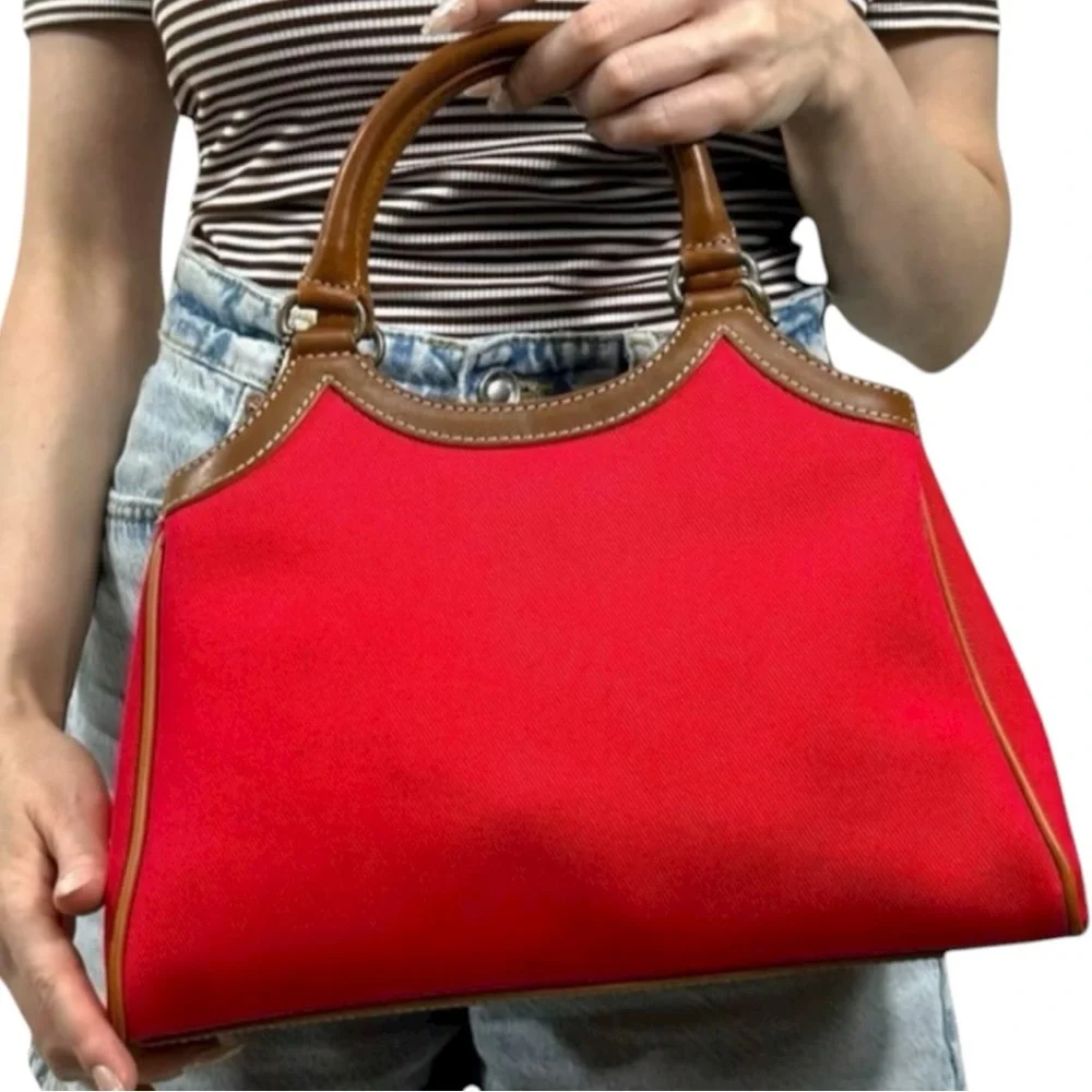 Fossil Classic #75082 Red Canvas & Leather Satchel Tote Bag Vintage Key Charm - Picture 11 of 11